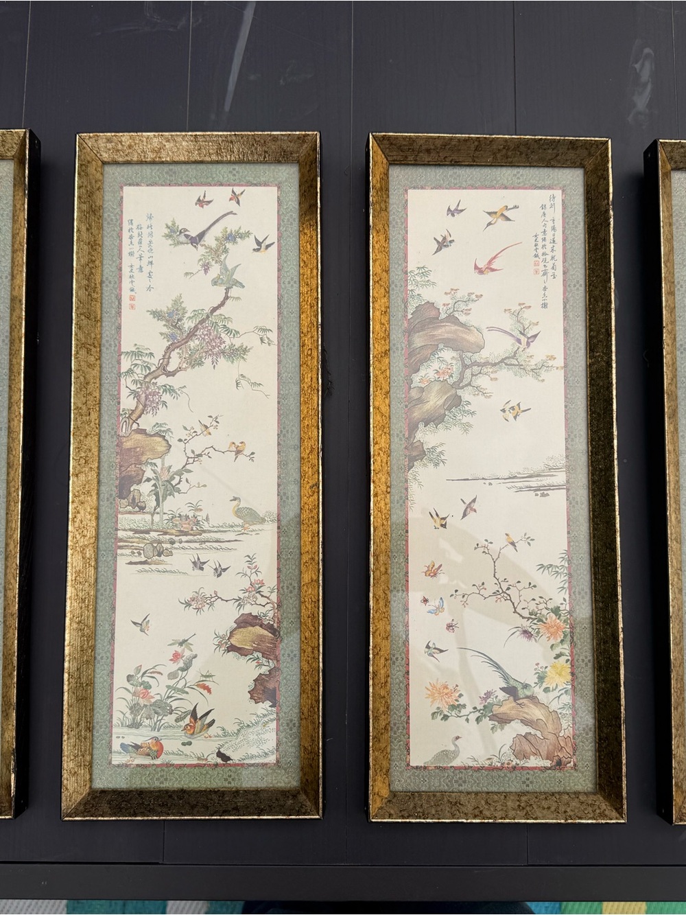 Framed Japanese Bird & Floral Scroll Art Pair - Gold Frames